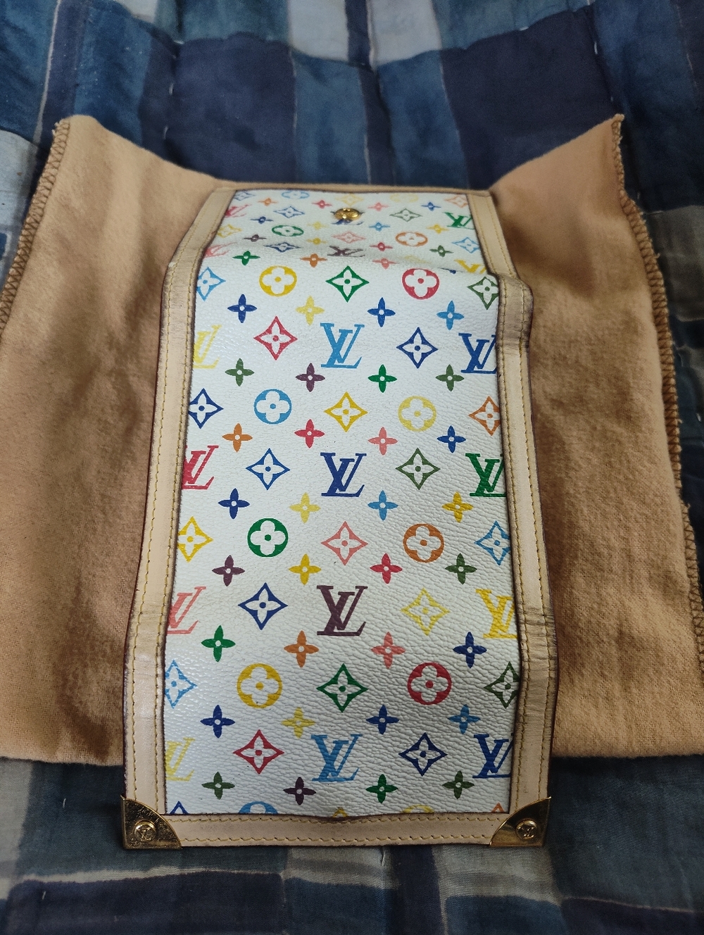 Multicolor White Monogram Compact Wallet with Gold Hardware